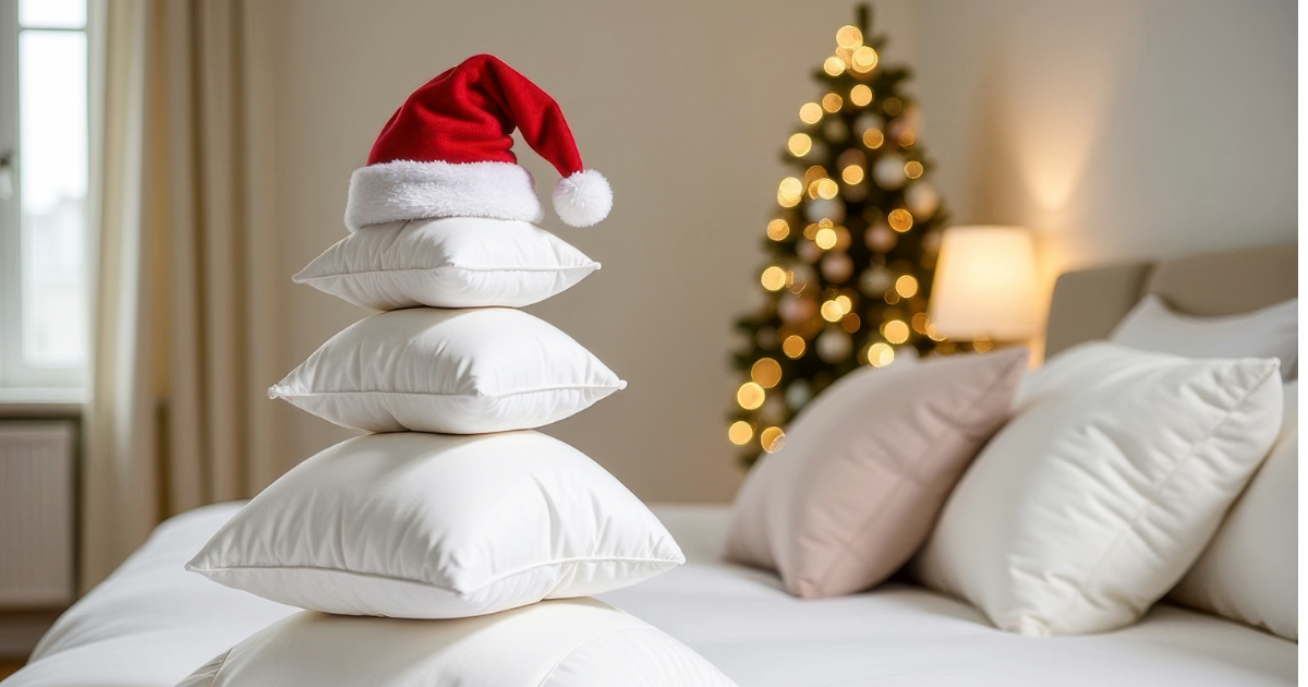 Pillows on a hotel bed piled with a Santa hat 